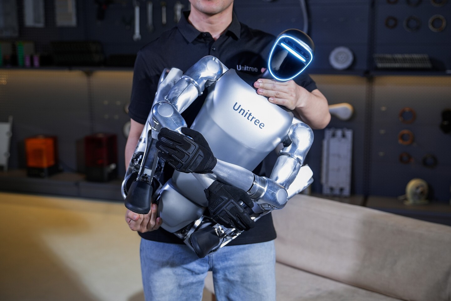 The G1 humanoid can collapse itself down for between-use transport