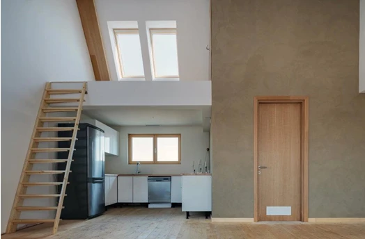 The extra overhead zone provides the small home with added space, suitable to be used as a guest bedroom, playroom or home office