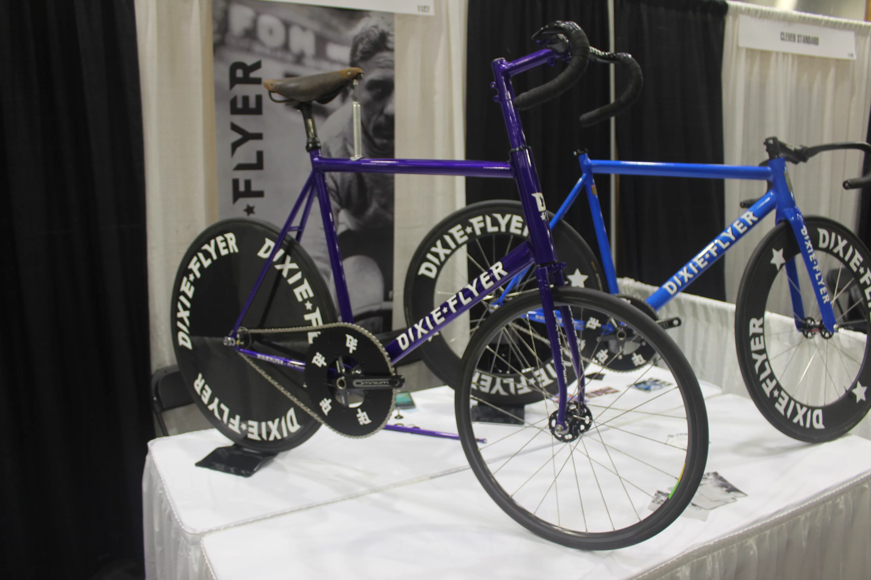This Dixie Flyer bike was built for motor pacing, in which riders attempt to set speed records by riding right behind a fast-moving motorized vehicle – the backwards fork draws the front wheel in toward to the bike, so the rider can get closer to the back of the vehicle