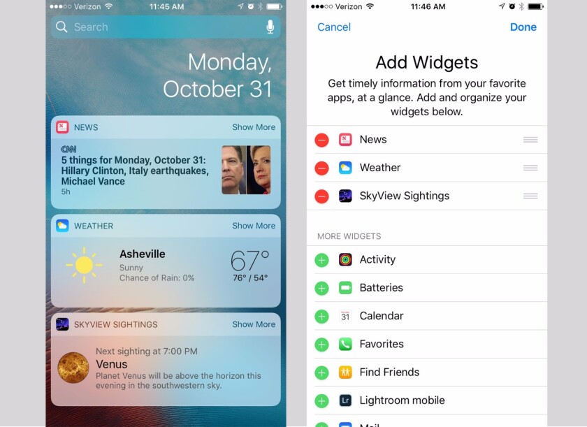 Scroll down to the bottom of the widgets screen (left) and look for the Edit button, which will bring you to the Add Widgets screen (right)