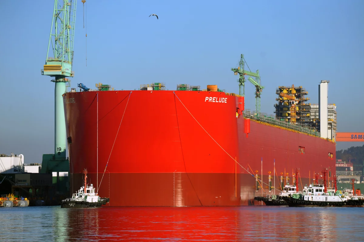 The 488-m-long hull of the Prelude FLNG is floated for the first time
