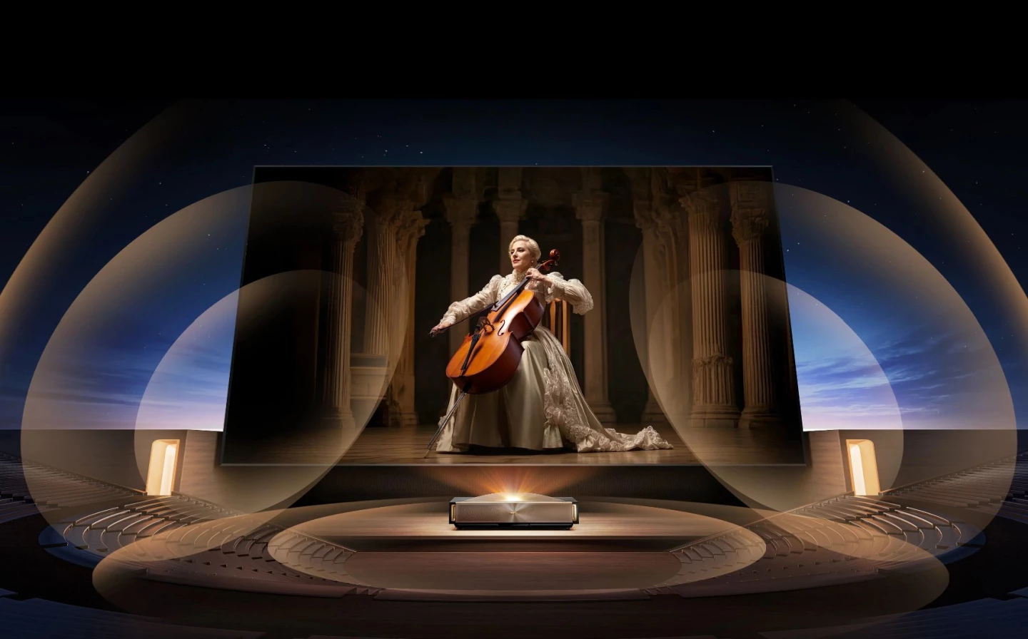 "For audio, the L9Q features an exclusive Opéra de Paris | Devialet edition. Its 6.2.2 channel speaker system with Dolby Atmos creates rich, multidimensional sound that fills the room - perfect for movies and music"