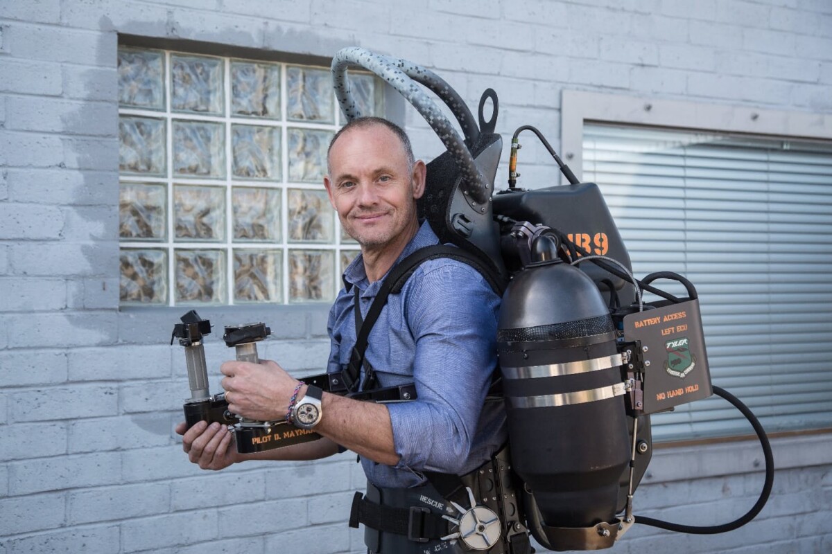 Jetpack Aviation CEO David Mayman with the older model JB-9 jetpack