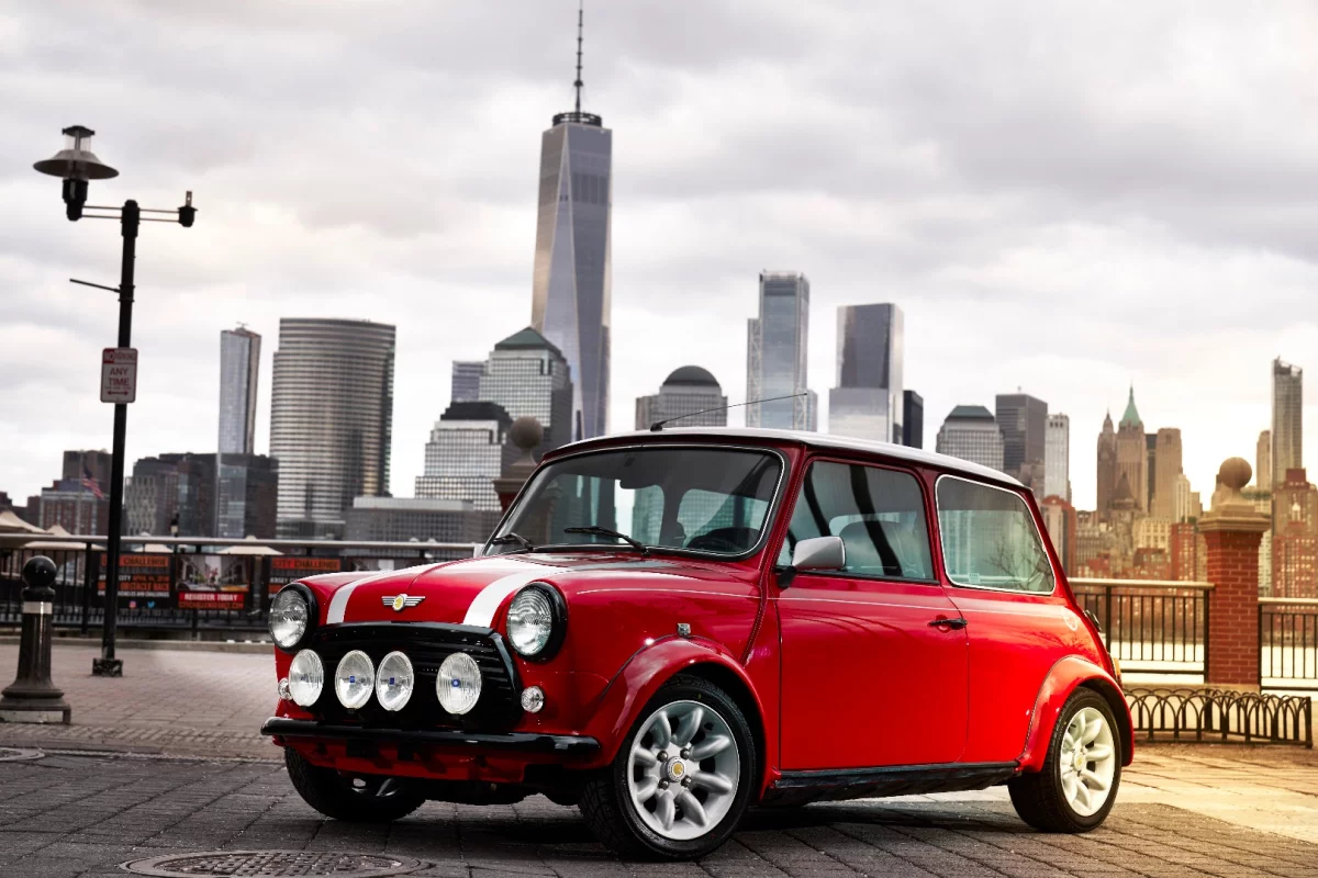 All-electric powertrain, totally classic resto Cooper body. It's Mini's one-ff classic Mini Electric, preparing to debut at the New York auto show.
