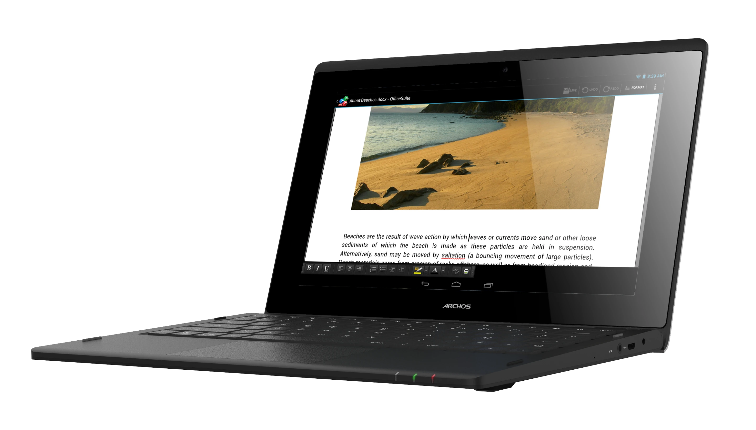 The ArcBook runs Android 4.2 (Jelly Bean) and comes preinstalled with Office Suite Pro 6
