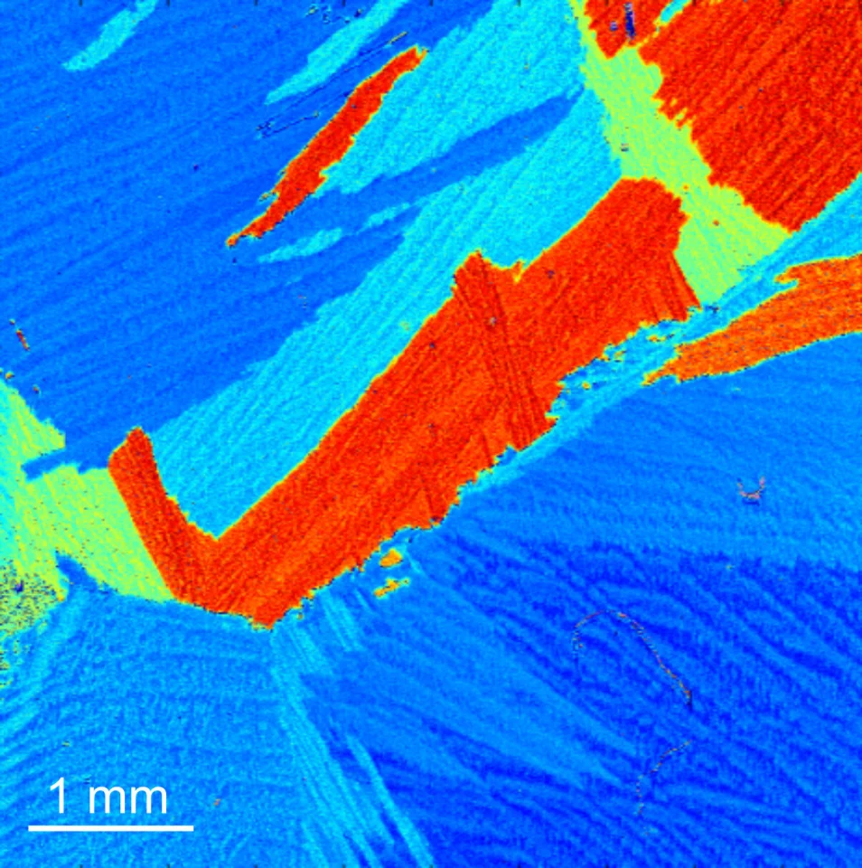 A scan of titanium produced through a novel laser ultrasound technique, with the varying colors representing the different speeds at which the sound waves traveled across the surface