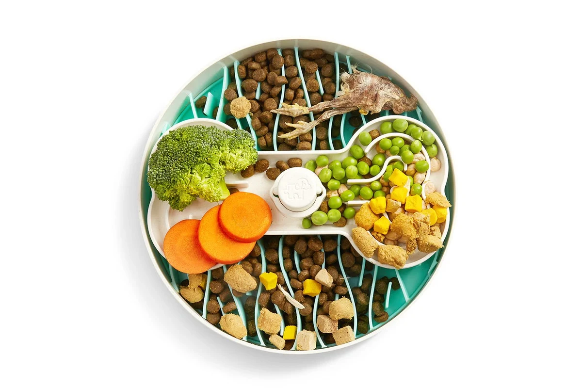 Puzzle feeders like this one can help slow your dog down while they're eating, and distract them from their constant cravings