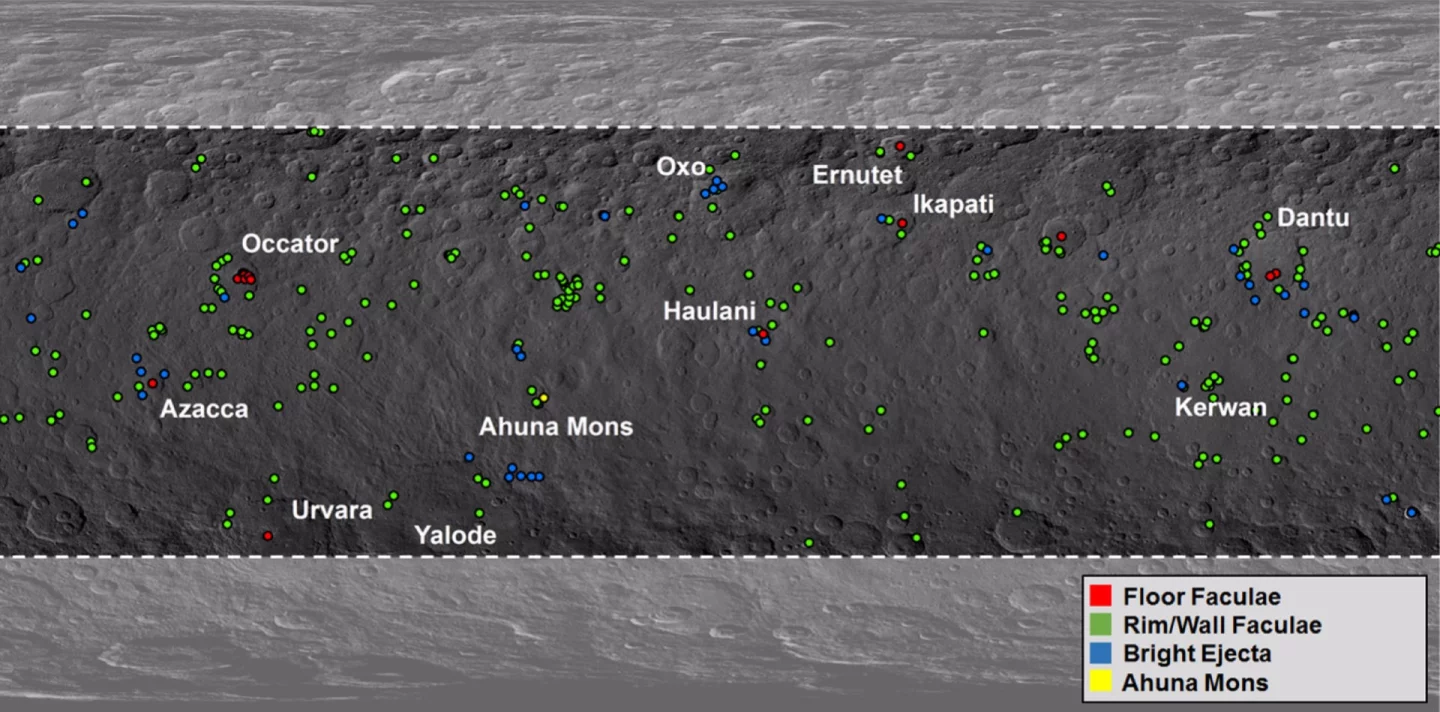 Global map of Ceres showing the locations of over 300 bright features