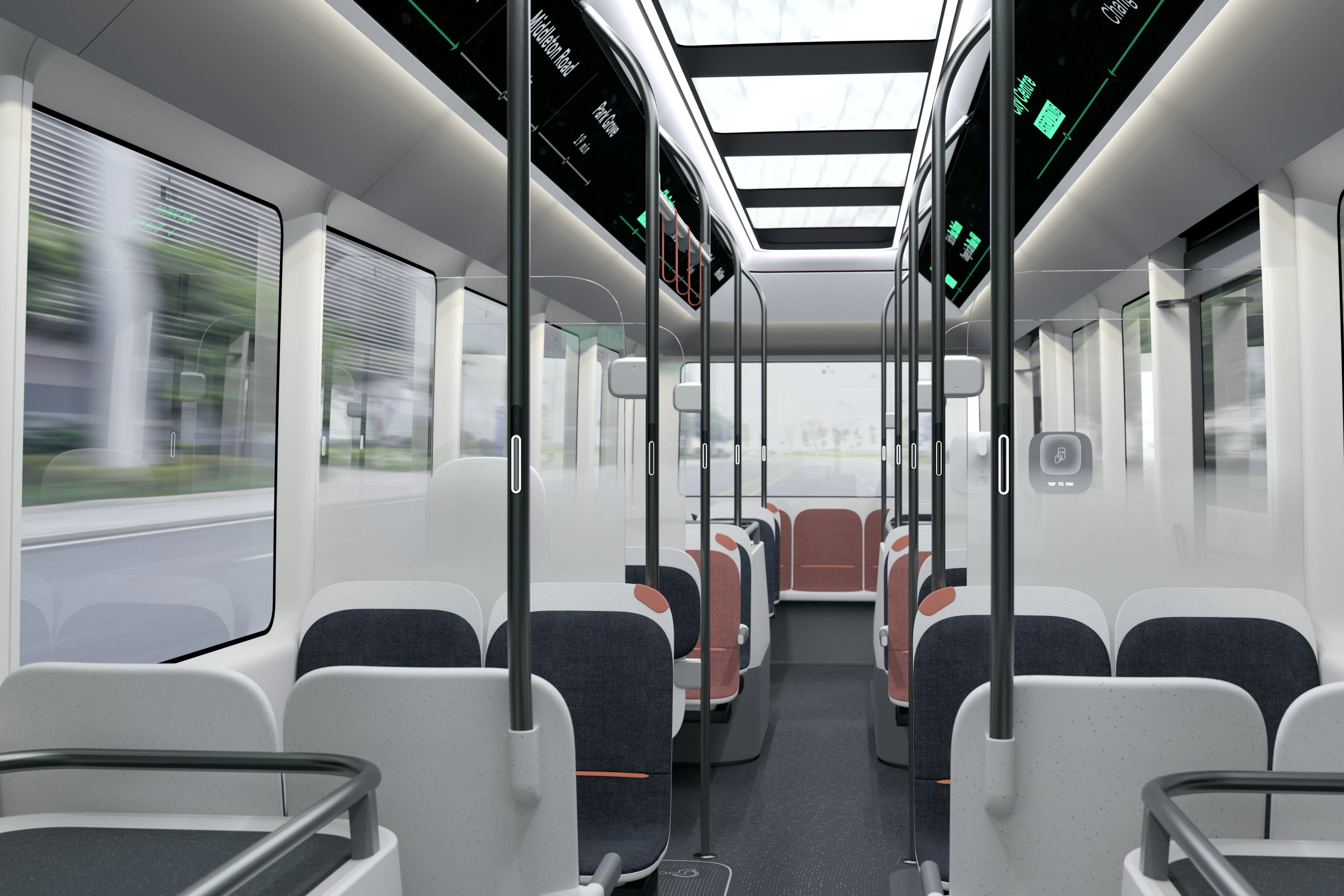 This Arrival bus configuration uses physical dividers to separate the bus into sections of four vis-a-vis seats