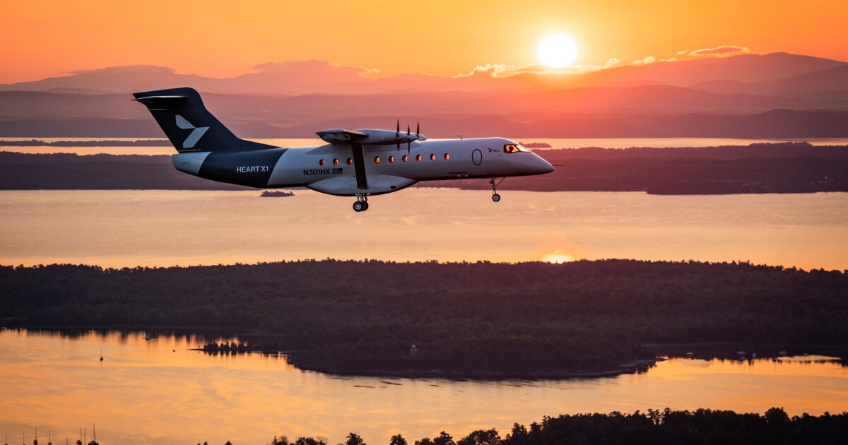 Heart Aerospace X1 demonstrator aircraft on a runway with its high wing and electric motor nacelles visible.