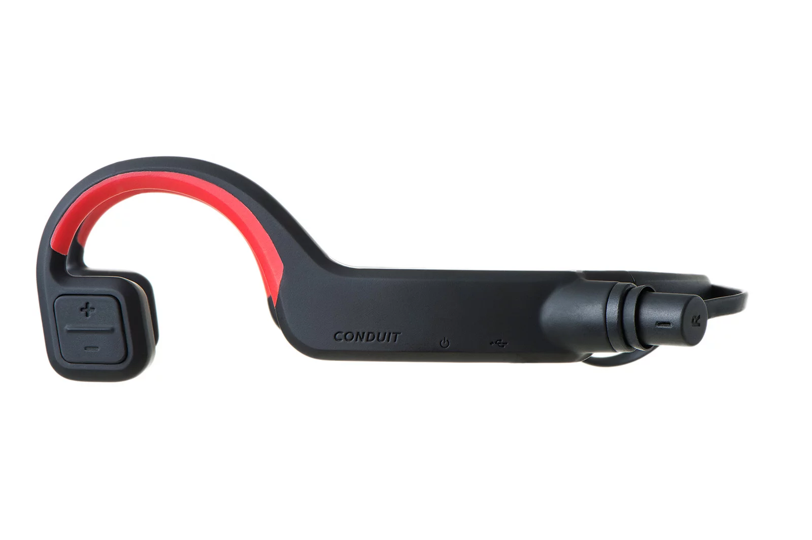 The Conduit Sports headphones have a multifunction control on one side – to skip tracks, pause and play, or answer calls using the integrated noise-canceling microphones – and an up/down volume switch on the other
