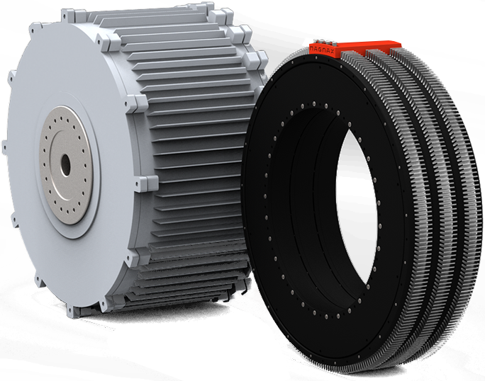 Size advantage: on the left, a standard 300-kilowatt radial flux direct drive generator. On the right, three stacked 100-kilowatt Magnax motors offering superior efficiency