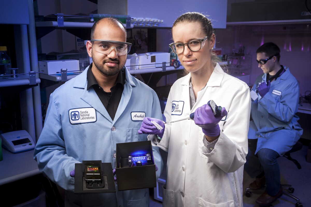 Researchers Aashish Priye, Sara Bird and Cameron Ball, of Sandia National Laboratories, who worked on the low-cost Zika detection test device