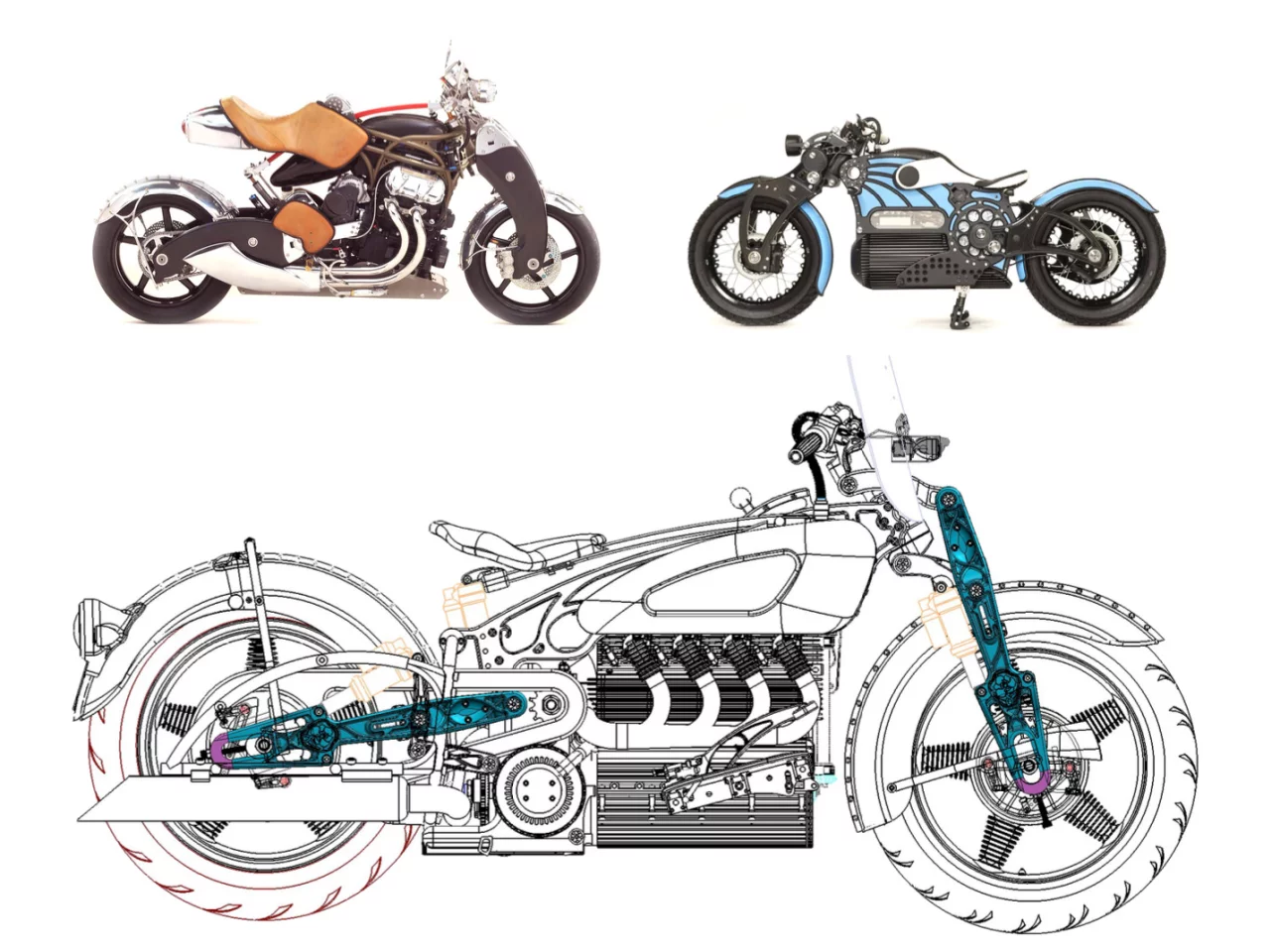 The Magnolia's suspension system uses hydro-pneumatic shock absorbers on each individual girder blade with an additional one under the seat. These air spring units offer 5 inches of wheel travel, front and rear, with the sprung saddle adding another three inches. The 2015 Bienville Legacy and the 2022 Curtiss One (both Nesbitt-designed) also featured identical front and rear suspension members.