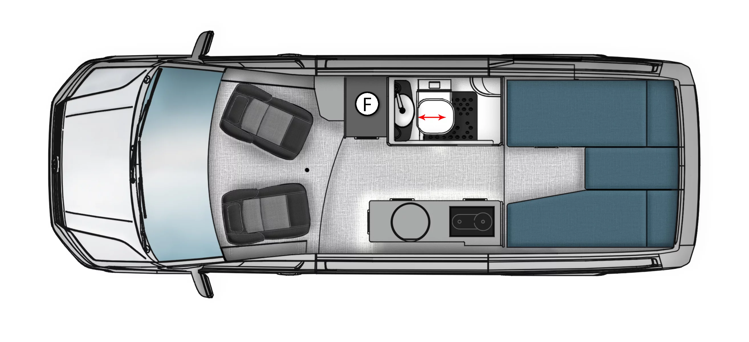 The Trakka Akuna A2 is based on the long-wheelbase Crafter and has a floor plan built around a longitudinal bed