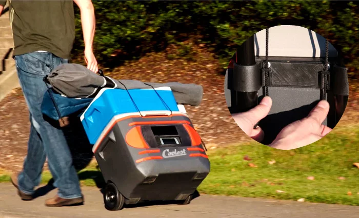 The Coolest has wheels and tie downs for easy hauling