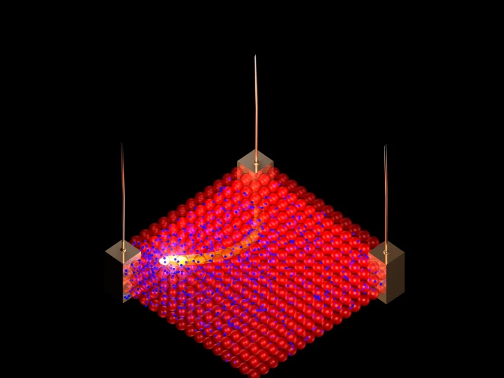 By applying electrical pulses to the new nanomaterial, a sea of small negatively charged ions (blue) can be pushed and pulled between larger, positively charged nanoparticles (red) which are "jammed" in place (Image: Northwestern University)