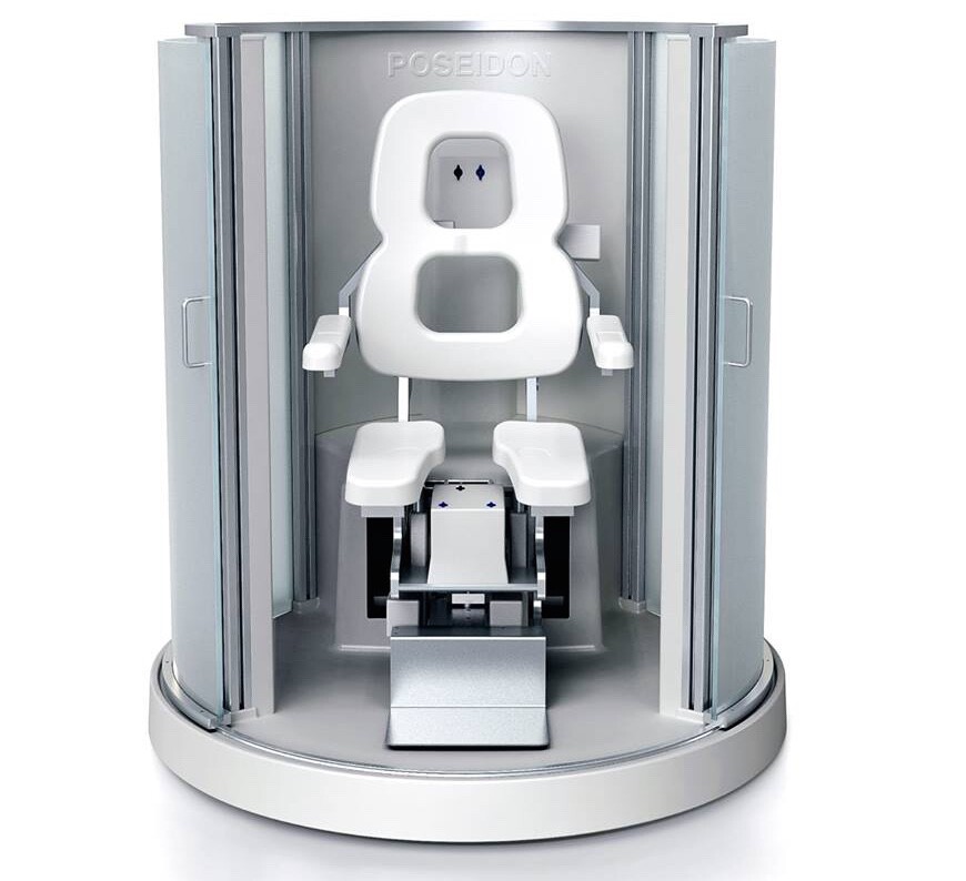 The Poseidon features an ergonomic seat that extends out of the cylindrical shower stall on a telescopic arm, allowing the user to swing themselves from their wheelchair into it