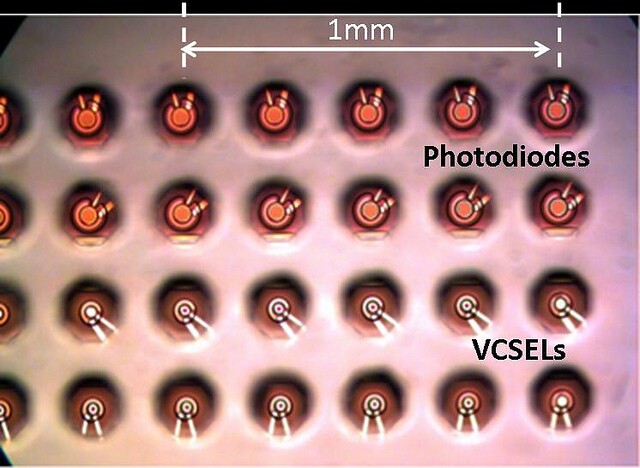 The back of the IBM Holey Optochip, with lasers and photodectors visible through substrate holes