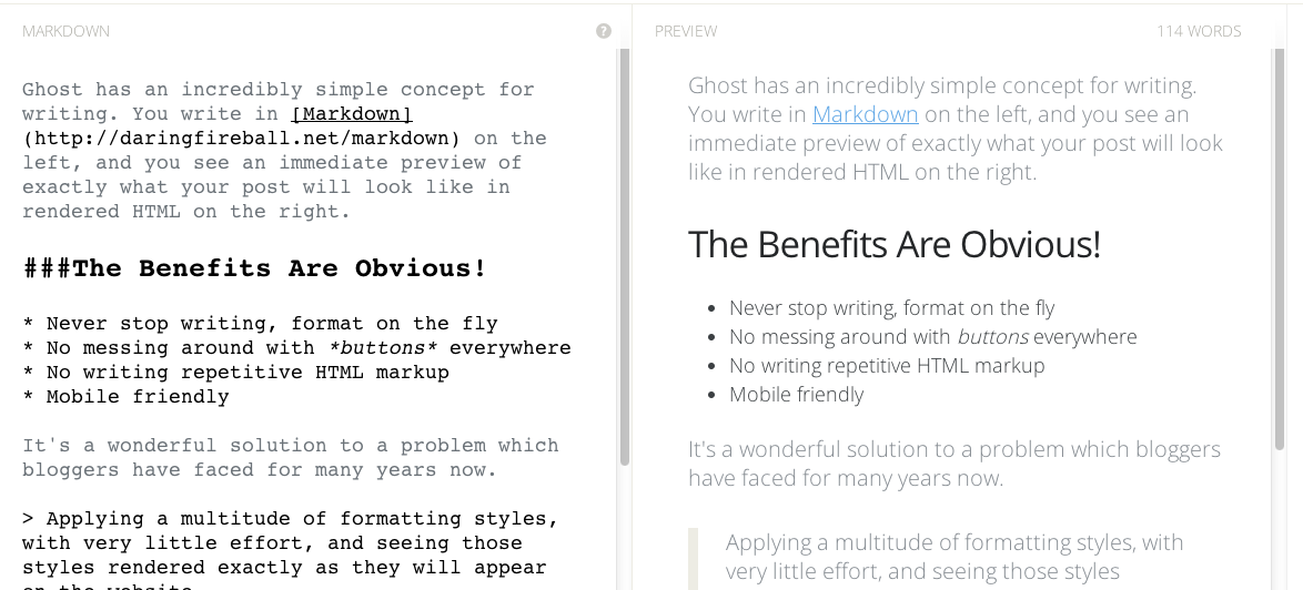 Ghost's entry editing screen (left) works besides a preview pane (right), and gives a good idea of the benefits of Markdown support