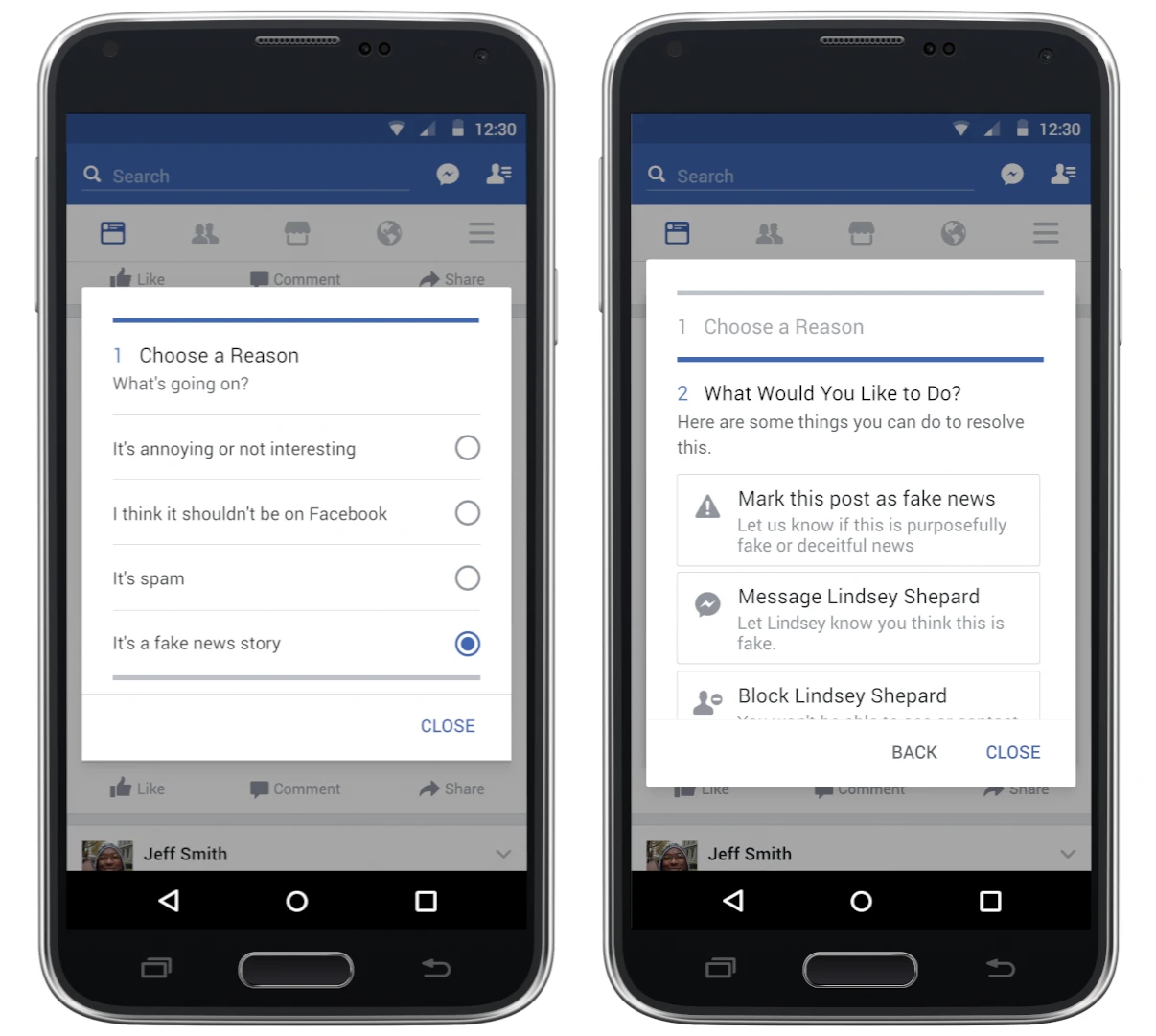 An example of how users would be able to flag potential fake news stories on Facebook