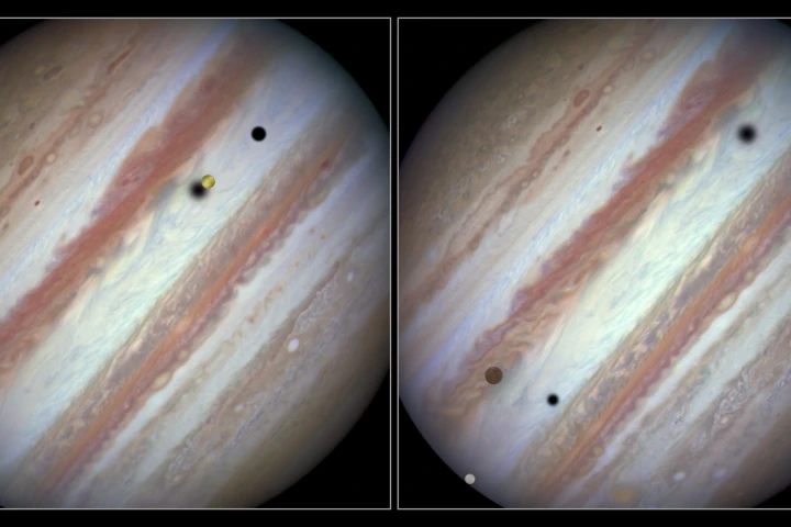 Image on the left is an early shot of the event, while the right is relatively near the end of the transit (Image: NASA, ESA, Hubble Heritage Team)