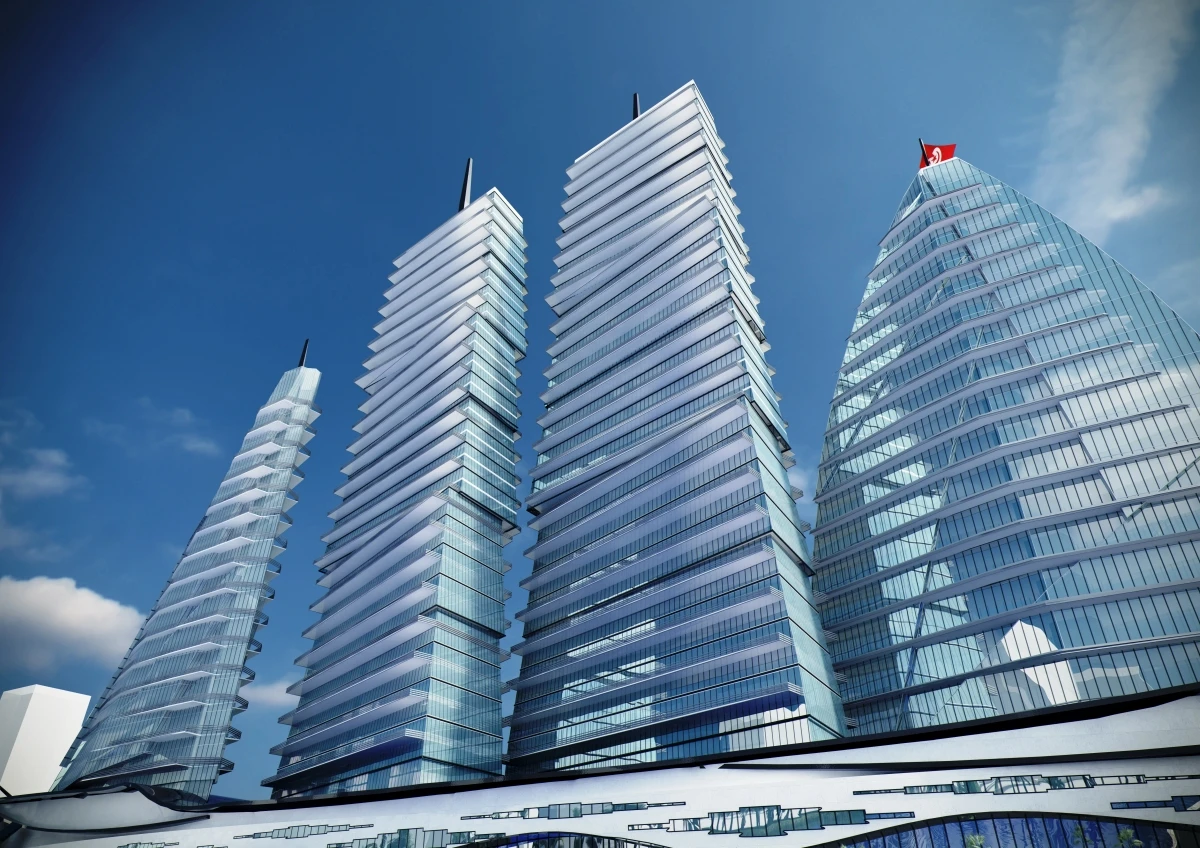 The building comprises four towers which resemble sails sat aboard a ship-like base (Image: Vasily Klyukin)
