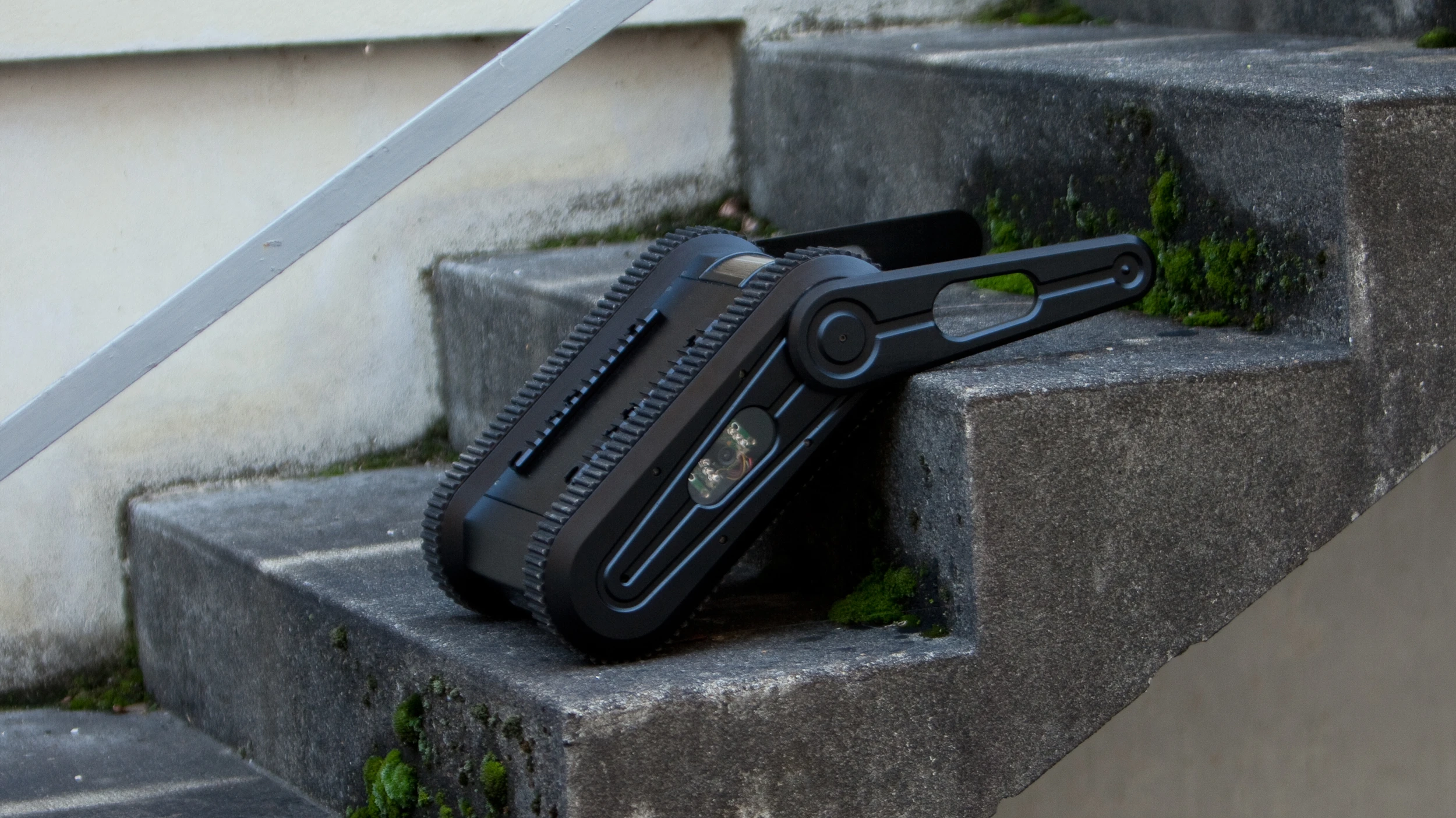 The SCORP Micro Unmanned Ground Vehicle (MUGV) can climb stairs