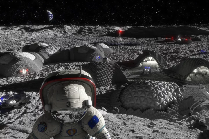 Artist's concept of a future lunar outpost, which could store energy in bricks made from lunar regolith