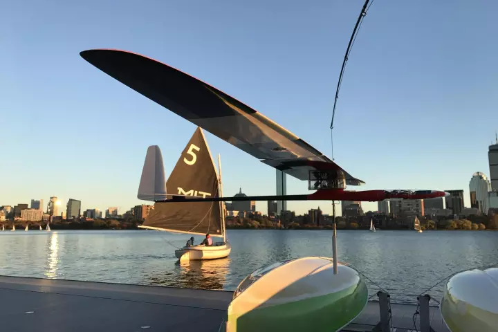 The Albatross glider, designed by MIT engineers, on the Charles River in Boston