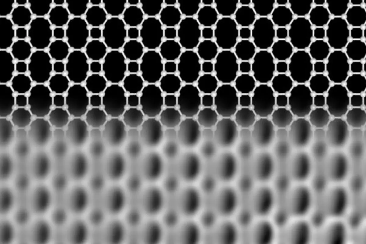 Composite image depicting the network of carbon atoms making up biphenylene as a schematic above, combined with high-resolution microscopy images of the material below