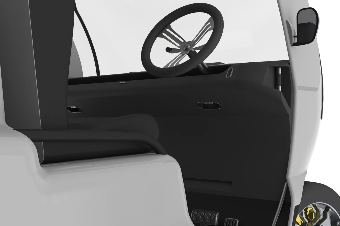 The driver can reposition the steering wheel on either the left or right of the Bug-E by sliding it along a track in the dashboard