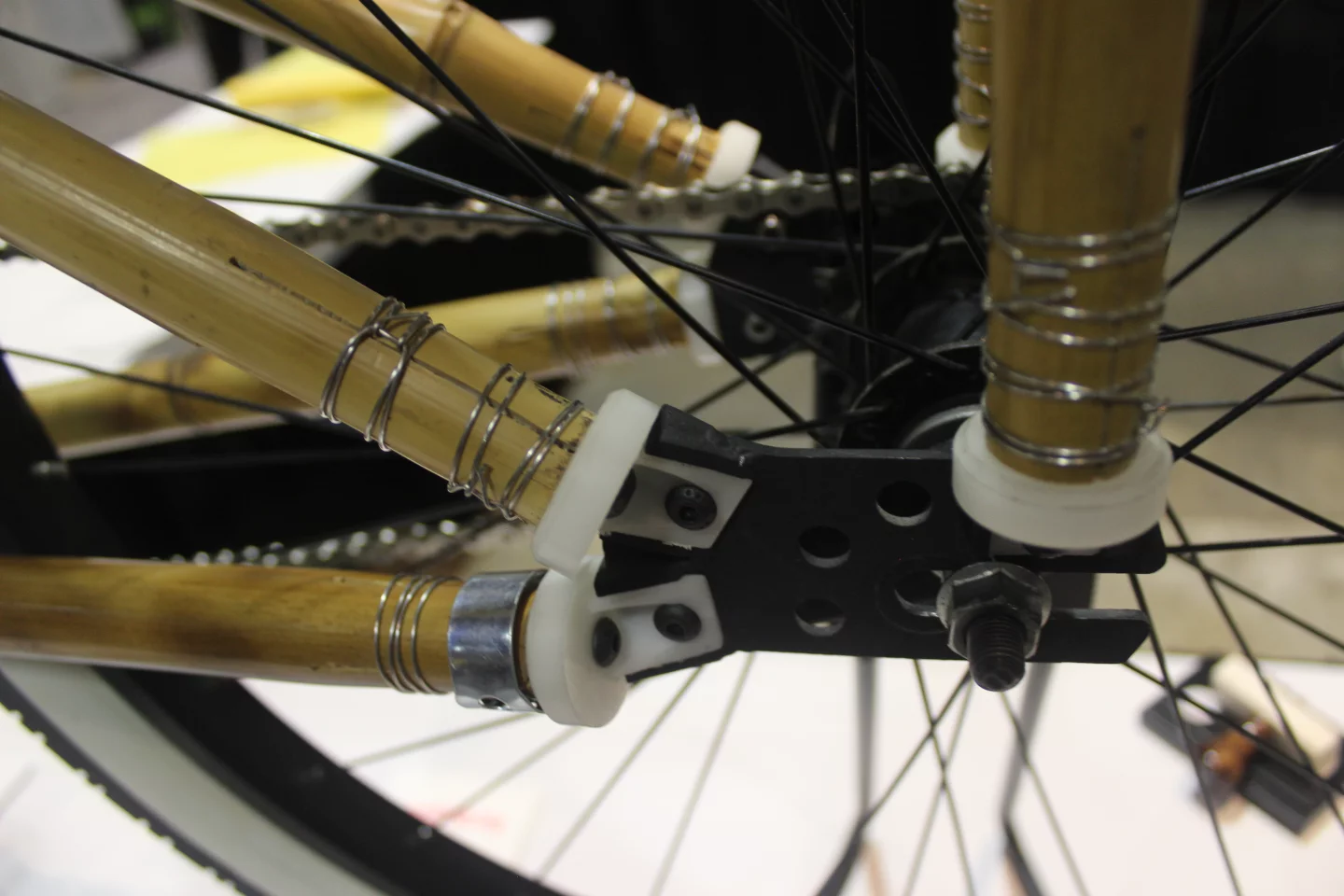 The tubes on Lance Rake's bike are linked using plastic joiners
