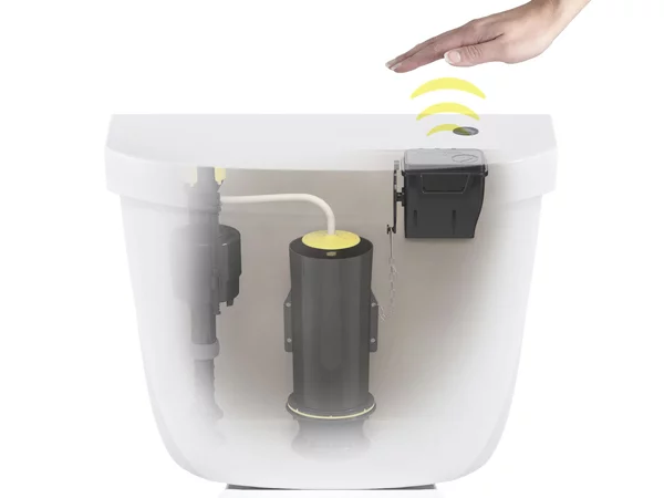 At the heart of the Touchless Flush Kit is a module that mounts inside the tank via a metal bracket