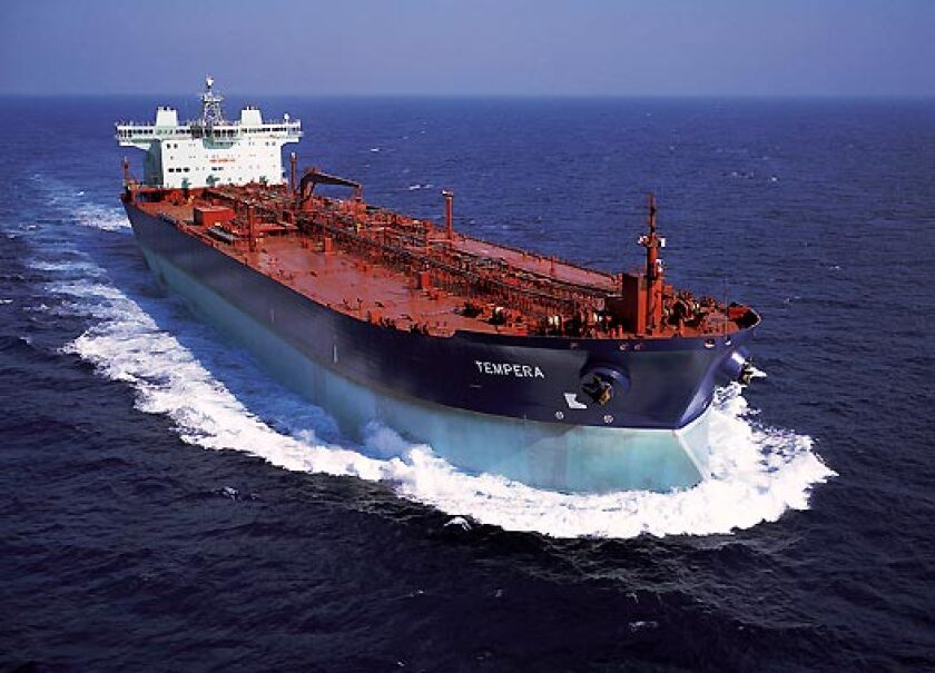 MT Tempera, one of the new class of double acting reversible ships, going ahead in open water