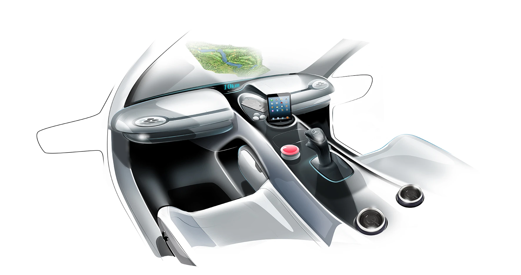 The interior includes a joystick driving control and iPhone/iPad dock