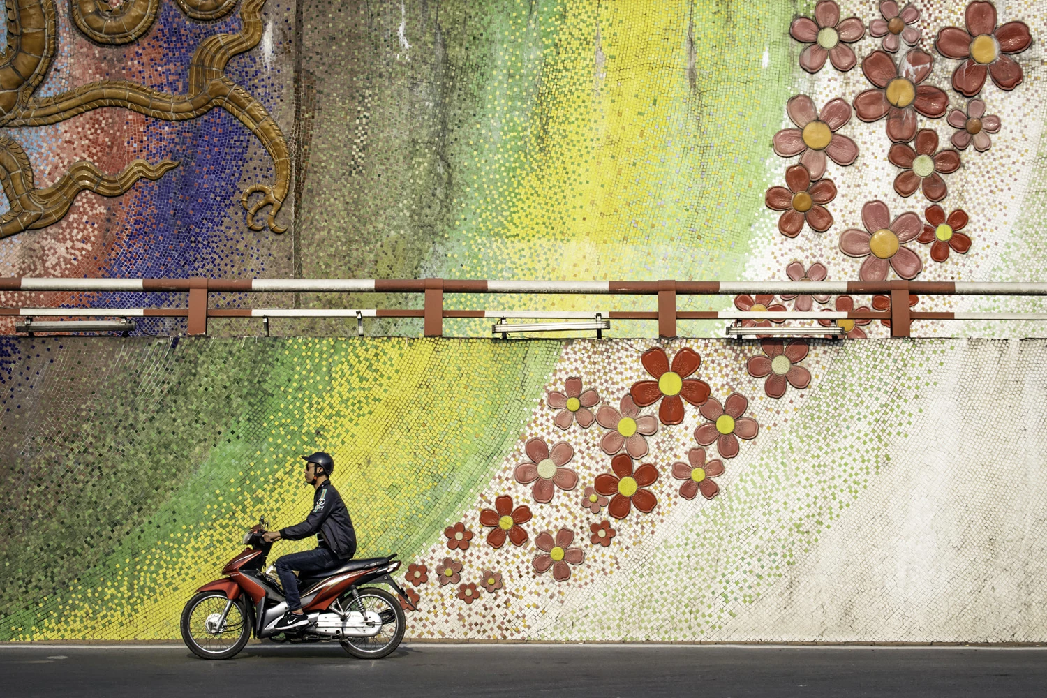 WINNER, BEST SINGLE IMAGE IN A TRAVEL PORTFOLIO: Paul Sansome, UK. Long Bien, Hanoi, Vietnam. I had to exercise extreme patience to achieve this shot at a very busy junction in Hanoi where traffic from left, right and behind me would constantly block the desired image I spent an hour before, as I had hoped, just a single bike drove past part of the world’s longest mosaic mural producing an image that I call ‘Green Energy’.Canon 6D Mark II, 70-300mm lens, f8, 1/4000 sec, ISO 800.