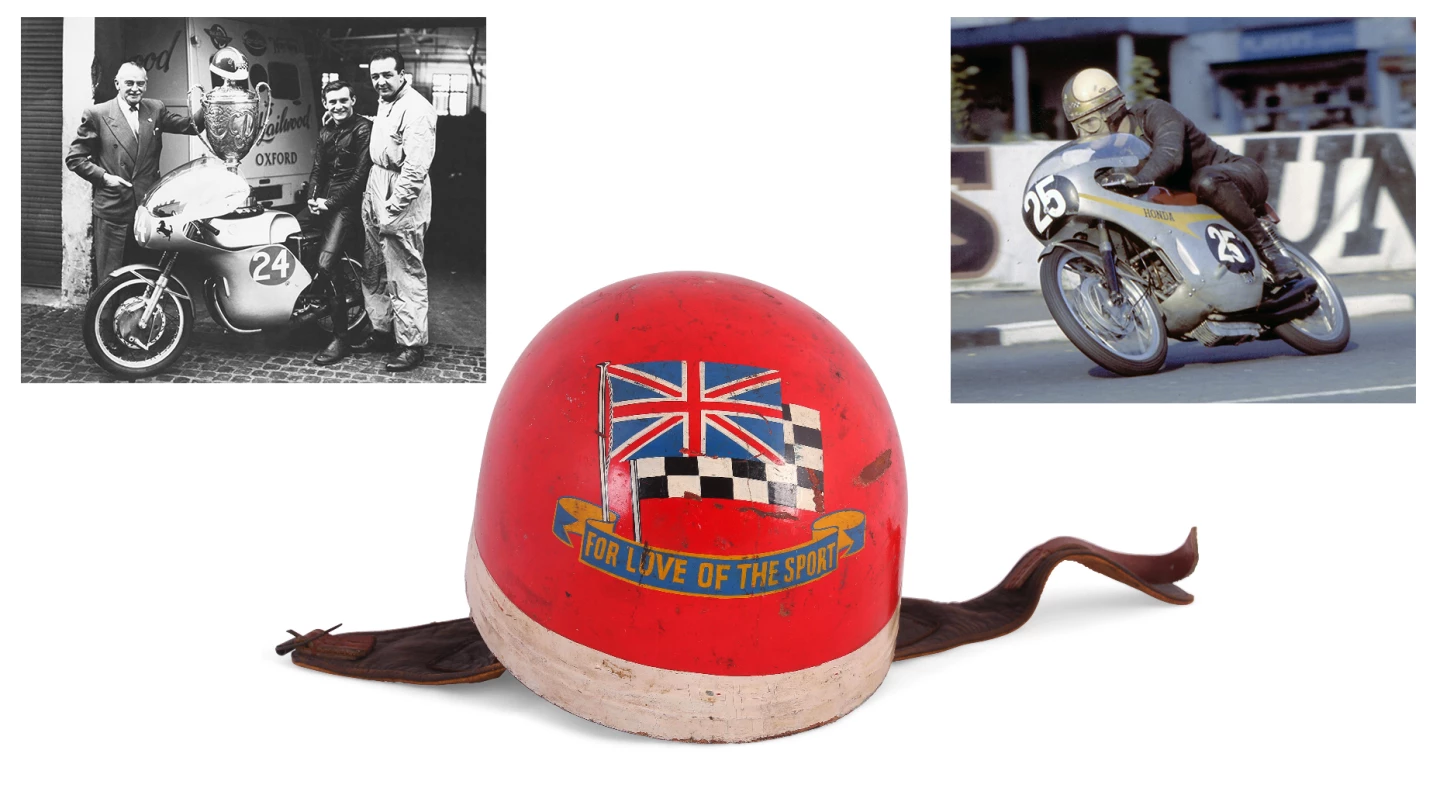 Prior to helmet standards and mandatory testing and any real concerns for rider safety, everyone wore helmets which were less than ideal. Here's an example of such a helmet, although it was worn during the late 1950s and early 1960s by Mike Hailwood at the dawn of his career. Hailwood won nine world motorcycle racing championships, 14 Isle of Man TTs and 76 Grands Prix, and is still considered by many to have been the most talented motorcycle racer of all time. Though no-one in their right mind would ever consider using such a helmet today, it is equally as much pristine memorabilia as Steve McQueen's Bell helmet sold above, yet sold for a fraction of that price. Which begs the question, "does celebrity provenance fade with the passing of time?" Auction Description