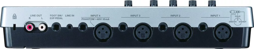 To the rear, a set of four jack inputs and four XLR inputs, RCA stereo line out sockets, a line-in mini jack and input for an expression pedal or footswitch