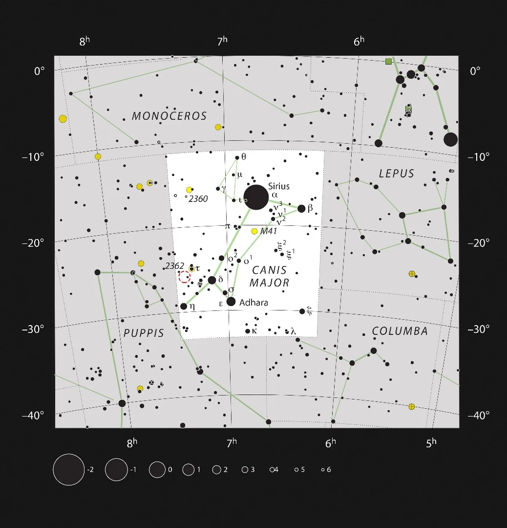 Starmap displaying the location of VY Canis Majoris as a small dotted circle within the constellation Canis Major