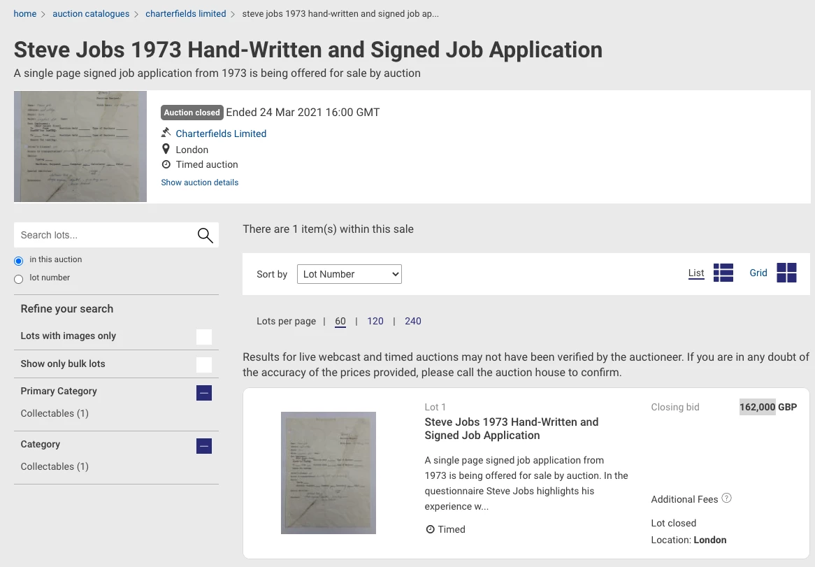 Jobs' Job application went to auction for a third time at Charterfields in London in March this year (2021), with the price rising still further to £162,000 ($221,762)
