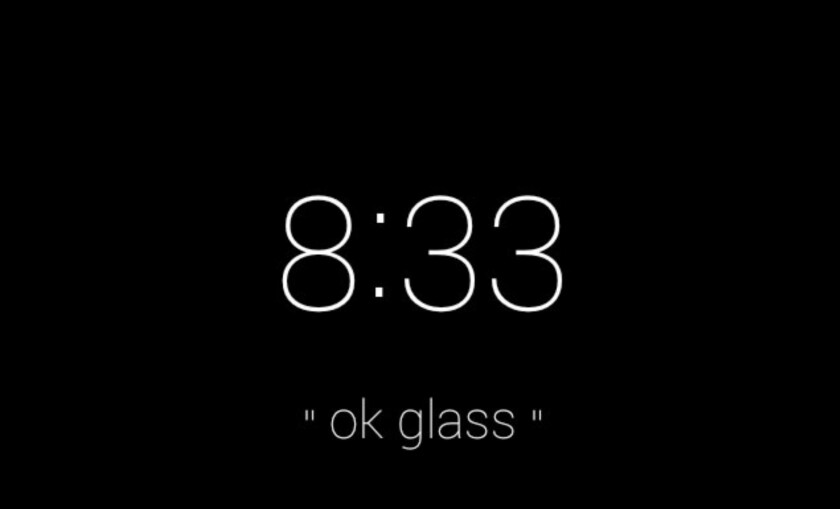 Glass' default home screen, with time and "OK Glass" prompt