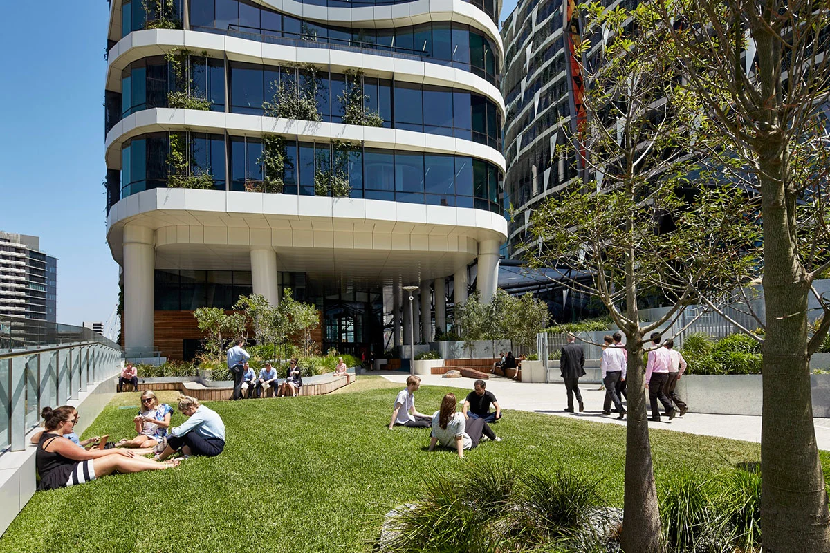 There is green space outside the building for relaxing