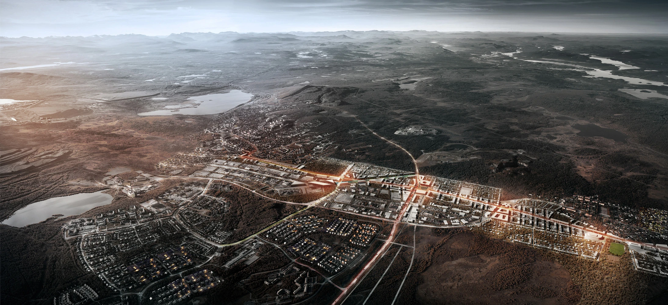 An aerial view of Kiruna shows the mining deformation to the west (left) and the town moving in an oval shape toward the east (Photo: White Arkitekter)