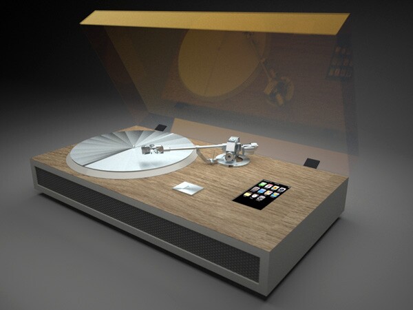The Turntable iPhone Dock concept doesn't just play vinyl singles or LPs through a built-in amp and soundbar, but can also directly rip MP3s to a docked iPhone