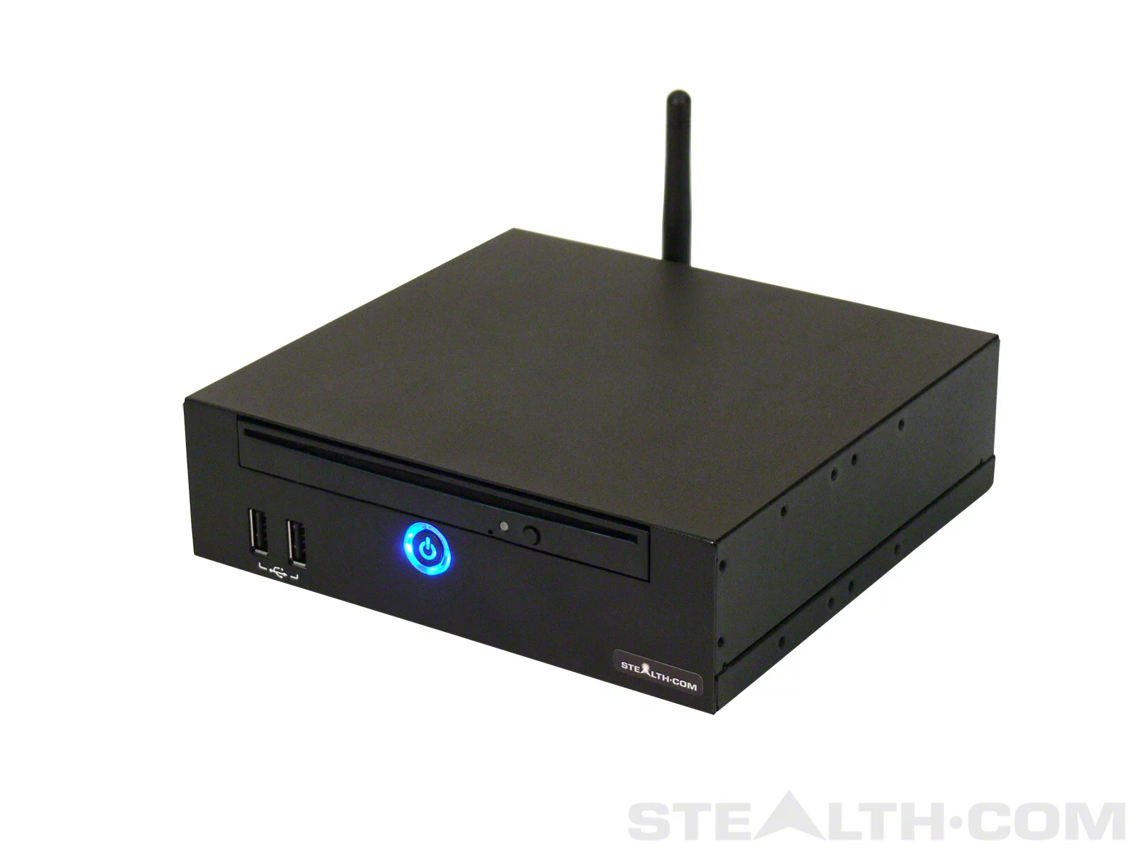 To the front - a slot loading optical drive, a couple of USB 2.0 ports and an illuminated power buton