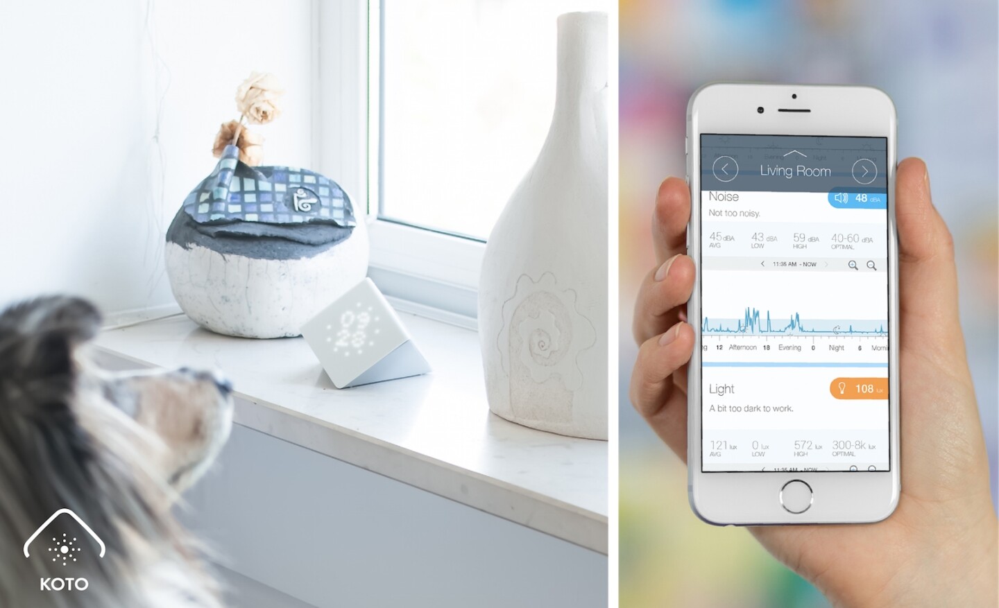 The companion app for the Koto smart sensors lets users check readings and get advice on how to make the room better for health, productivity or sleep