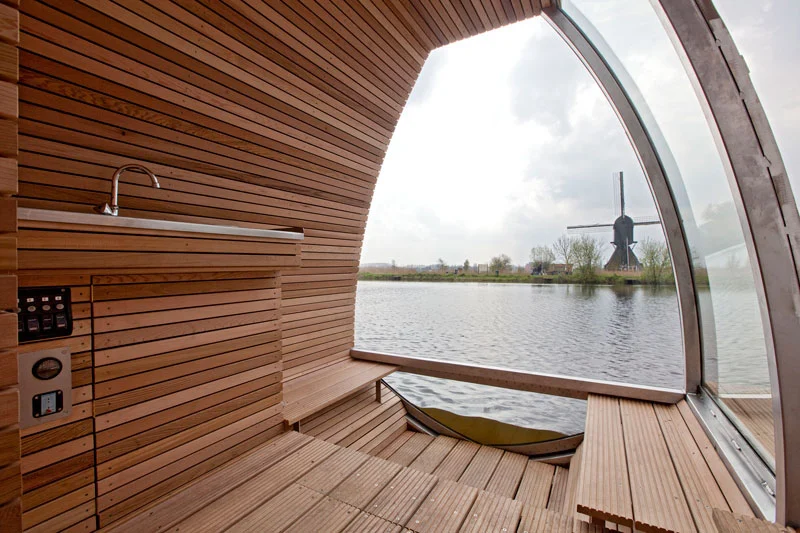 Guests can enhance their experience of nature by floating along a river in this fully-furnished eco-lodge, complete with bedroom, bathroom and rooftop deck