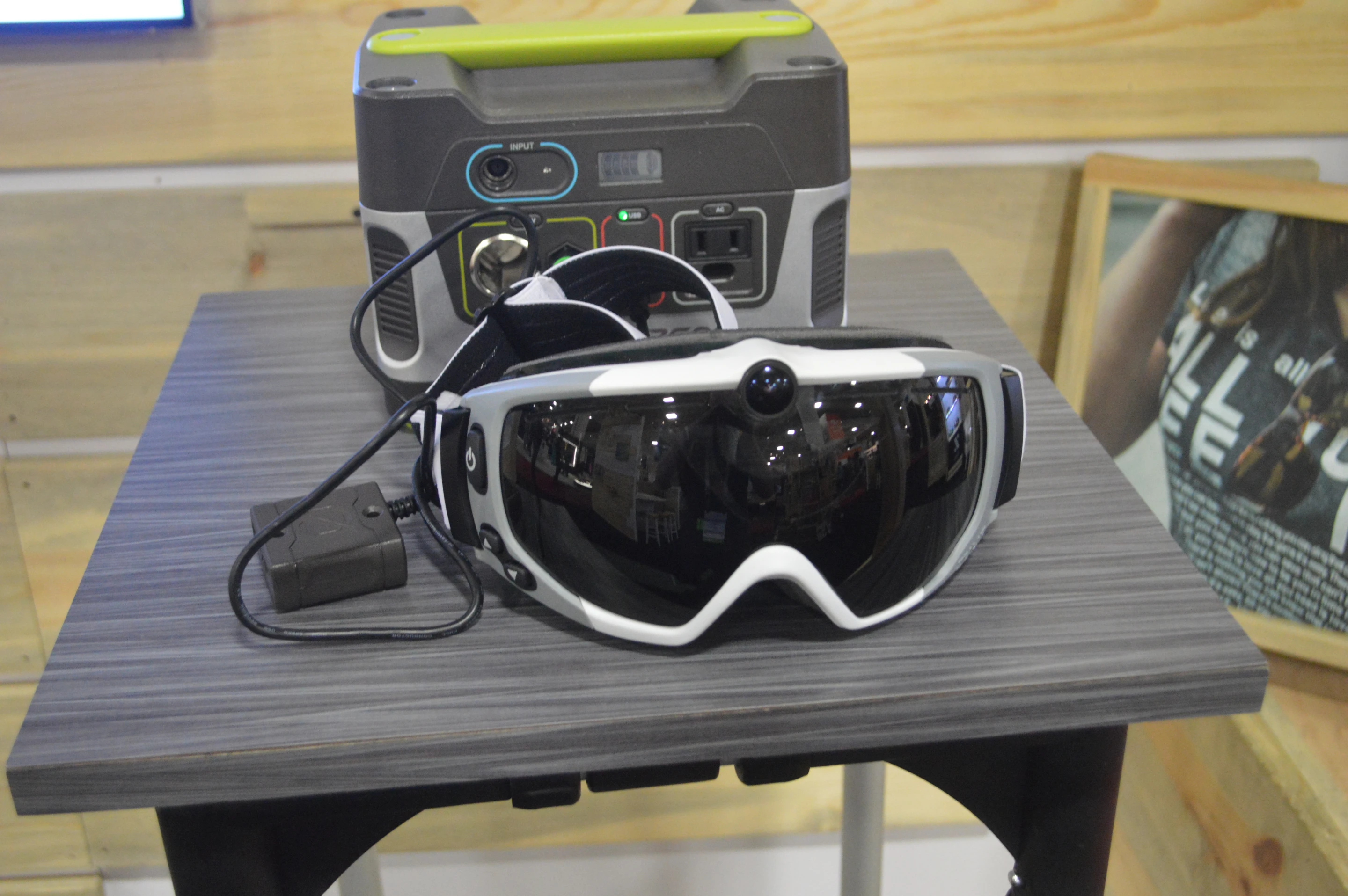The Zeal HD2 goggles hooked up to a Goal Zero portable power unit