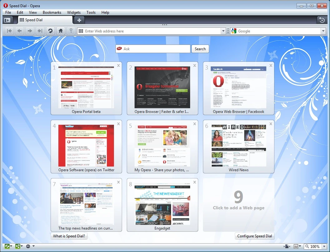 Opera's Speed Dial feature offers visual representations of bookmarked pages